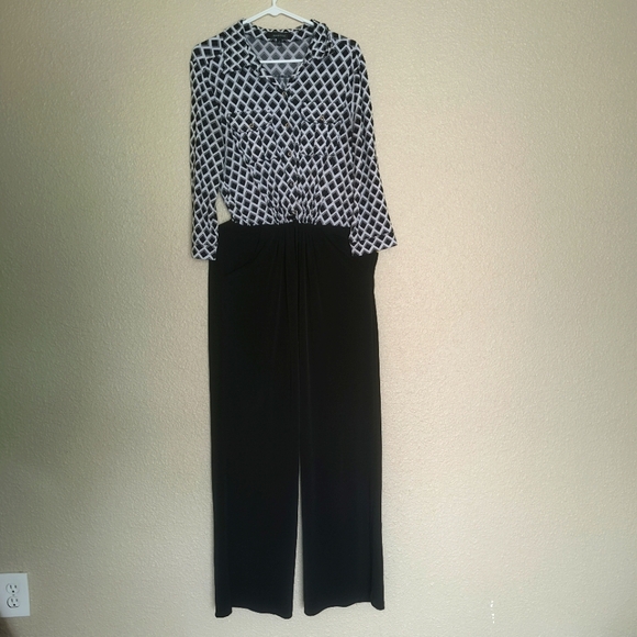 spense jumpsuit white/black asymmetrical color size 8 wide legs, stretches 3/4 s - Picture 1 of 16